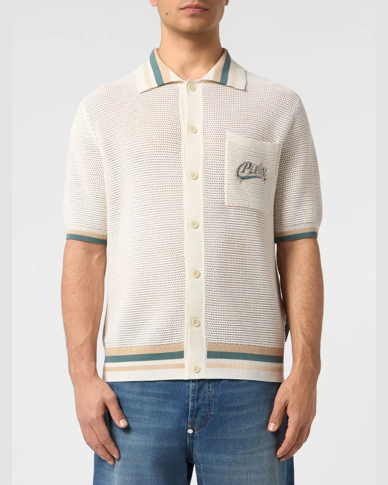 Philipp Plein Kurzärmeliges Baumwoll-Mesh-Poloshirt mit Kontraststreifen Weiß