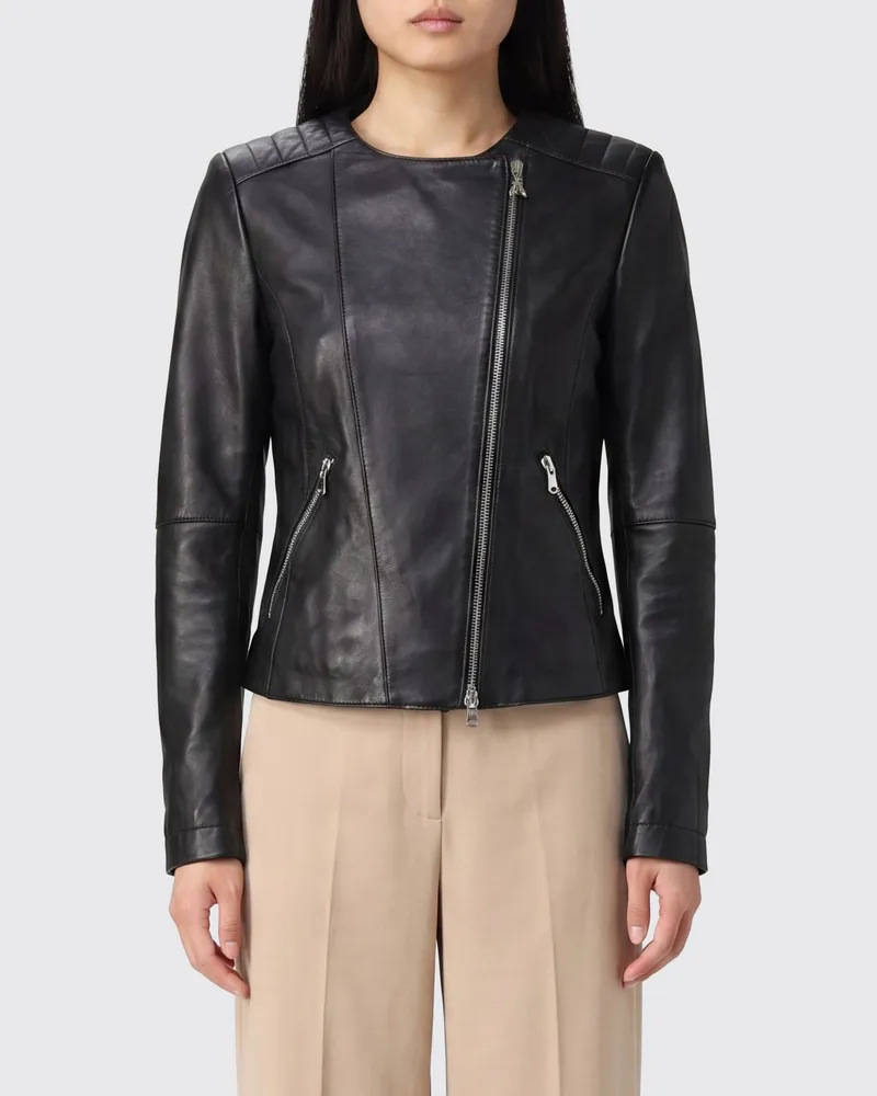 Patrizia Pepe Slim-Fit-Lederjacke aus Lammfell von mit Rundhalsausschnitt und Fly-Logo Schwarz
