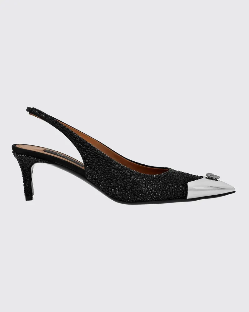 Philipp Plein Leder-Slingback-Pumps mit Kristall-Skull und mittlerem Absatz Schwarz