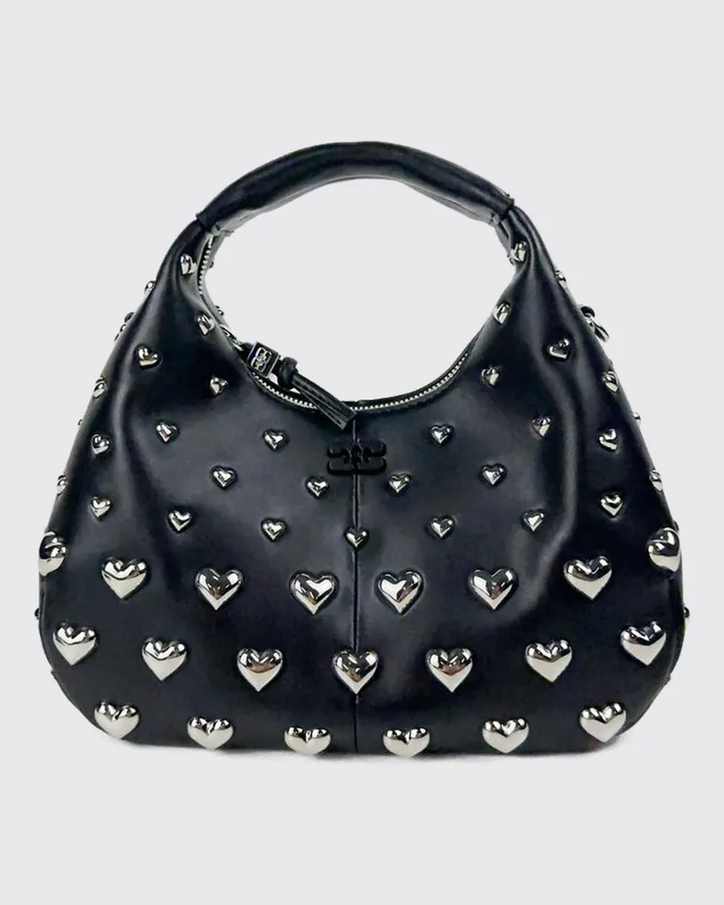 Ganni Handtasche aus recyceltem Leder mit Butterfly-Logo und Herzstickerei Schwarz