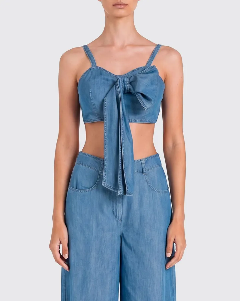 Twin-Set Cropped-Top aus Lyocell mit Herzausschnitt und Schleife Denim