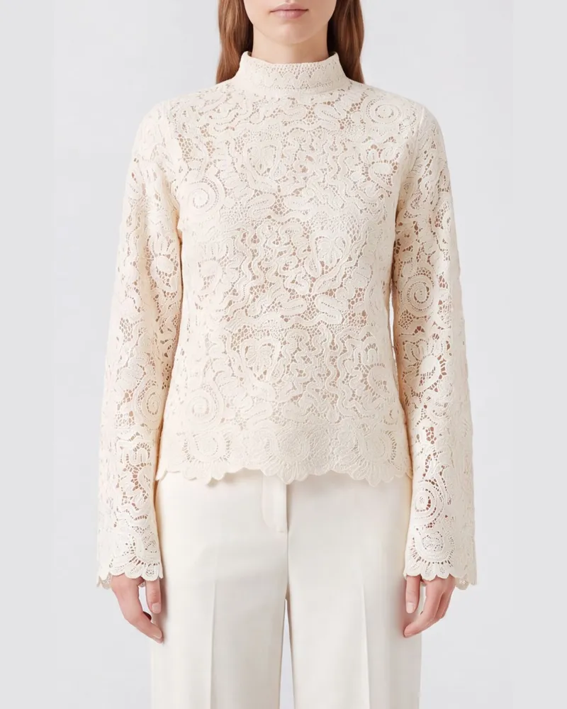 Semicouture Langärmeliges Spitzen-Rollkragentop für den Abend Beige
