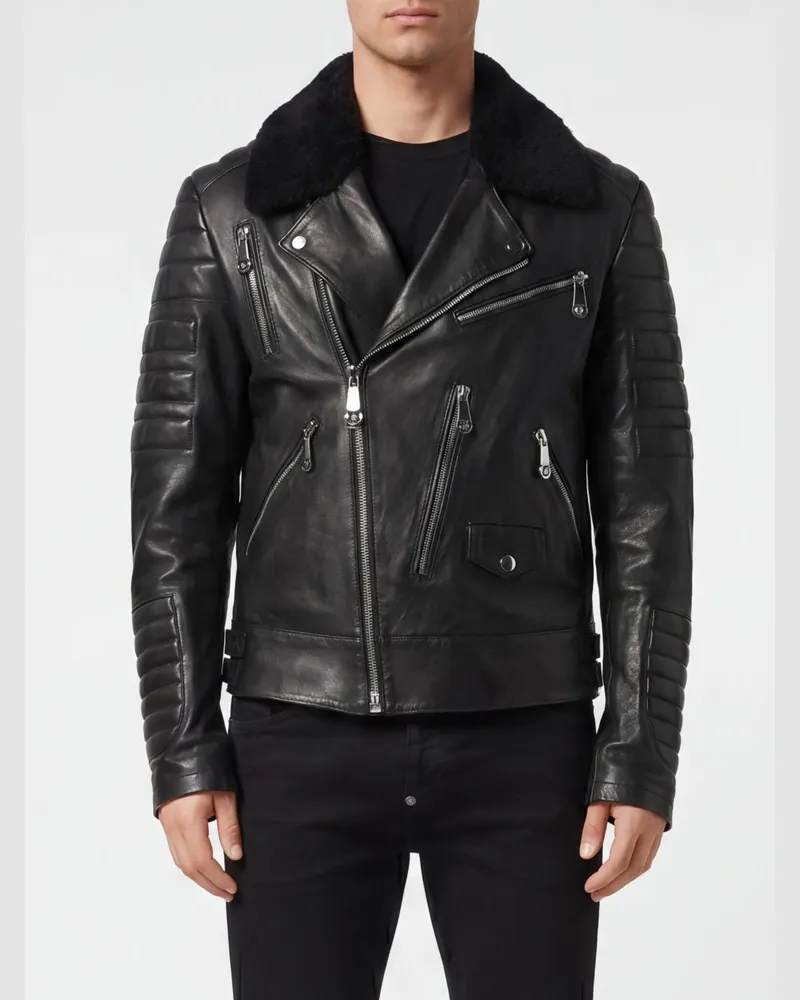 Philipp Plein Bikerjacke aus Lammfell-Leder mit Logo Schwarz