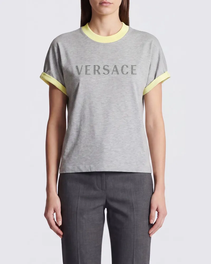 Versace Graues Baumwoll-T-Shirt mit Logo-Print und Kontrastbesätzen Grau