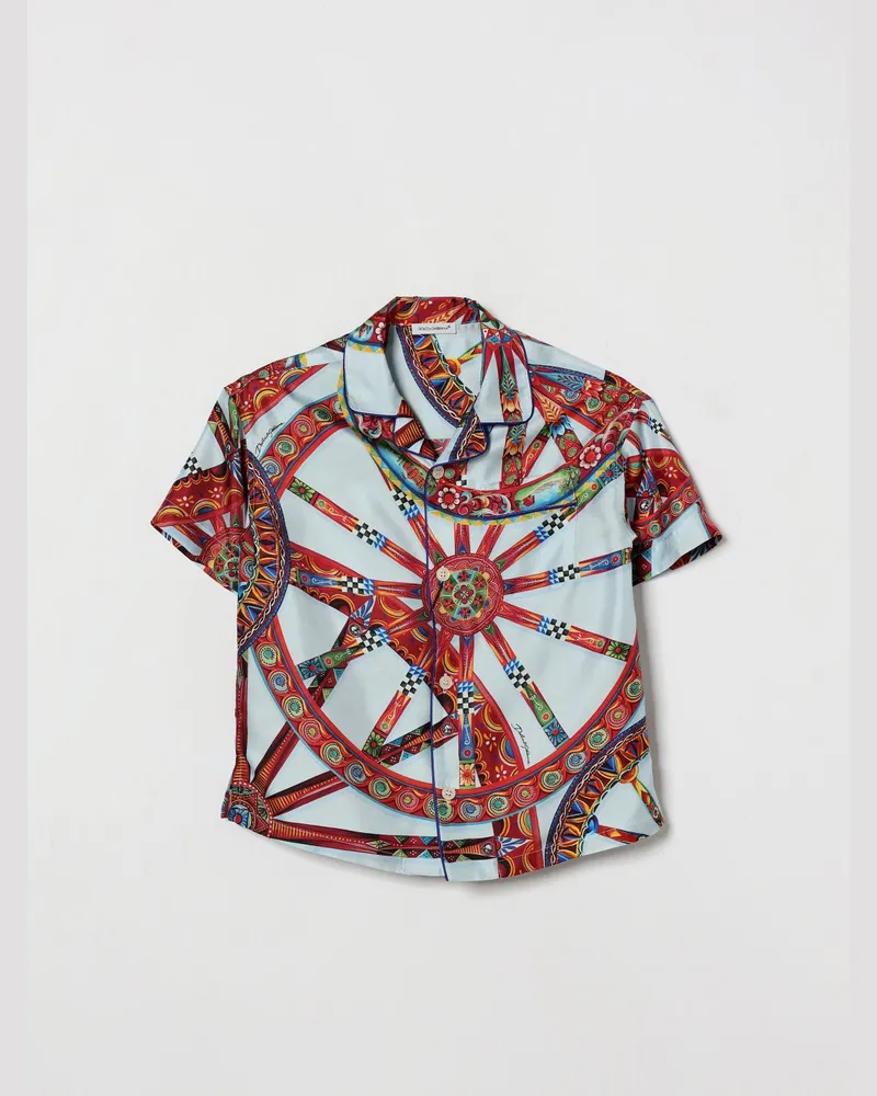 Dolce & Gabbana DOLCE  GABBANA Bowlinghemd Dolce & Gabbana für Jungen aus Baumwolle mit Carretto-Siciliano-Print Hellblau