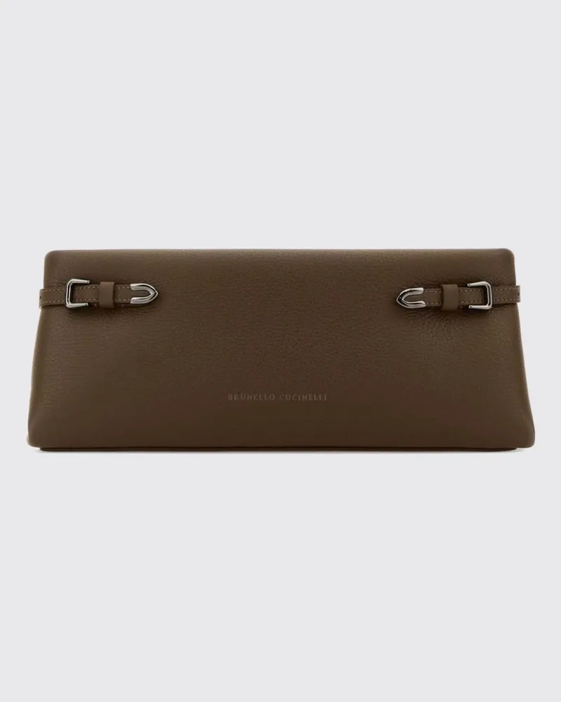 Brunello Cucinelli Clutch aus genarbtem Leder mit Druckknopfverschluss Mud