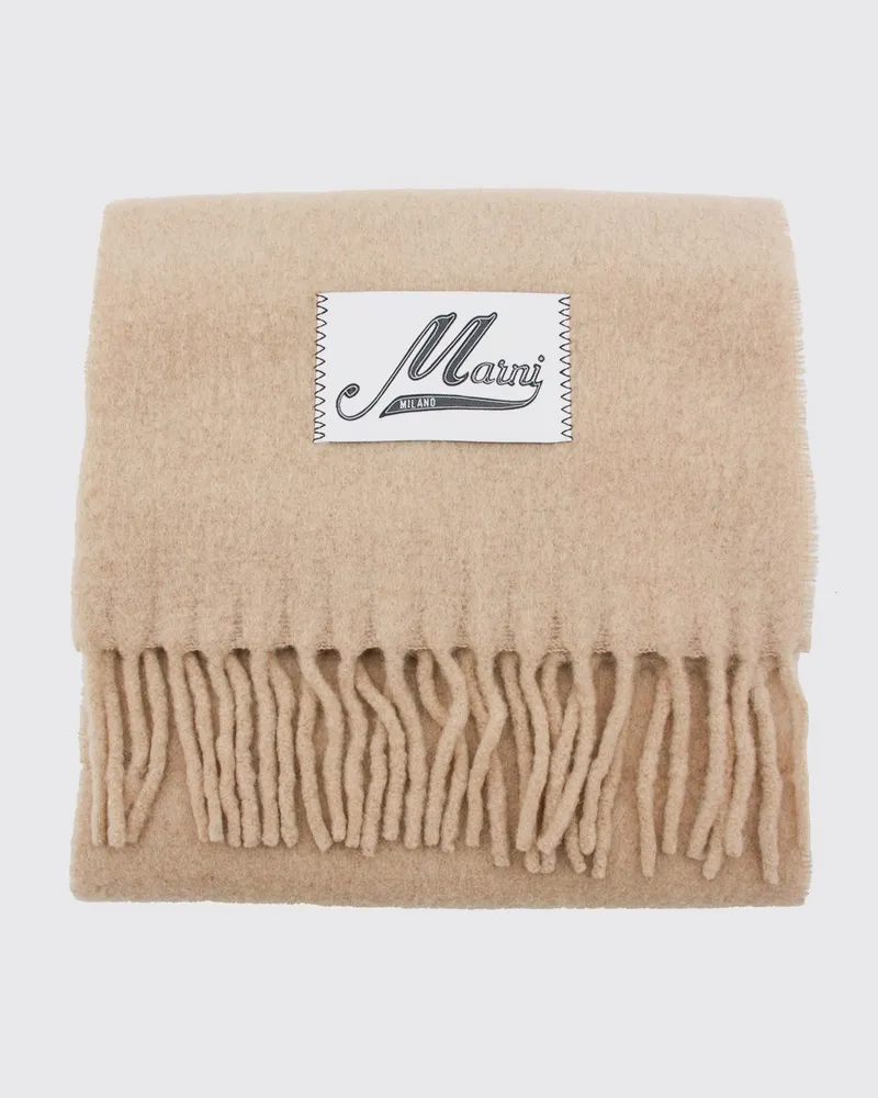 Marni Schal aus Alpaka-Wollmischung mit Logo-Patch, Fransen und Color-Block-Design Beige