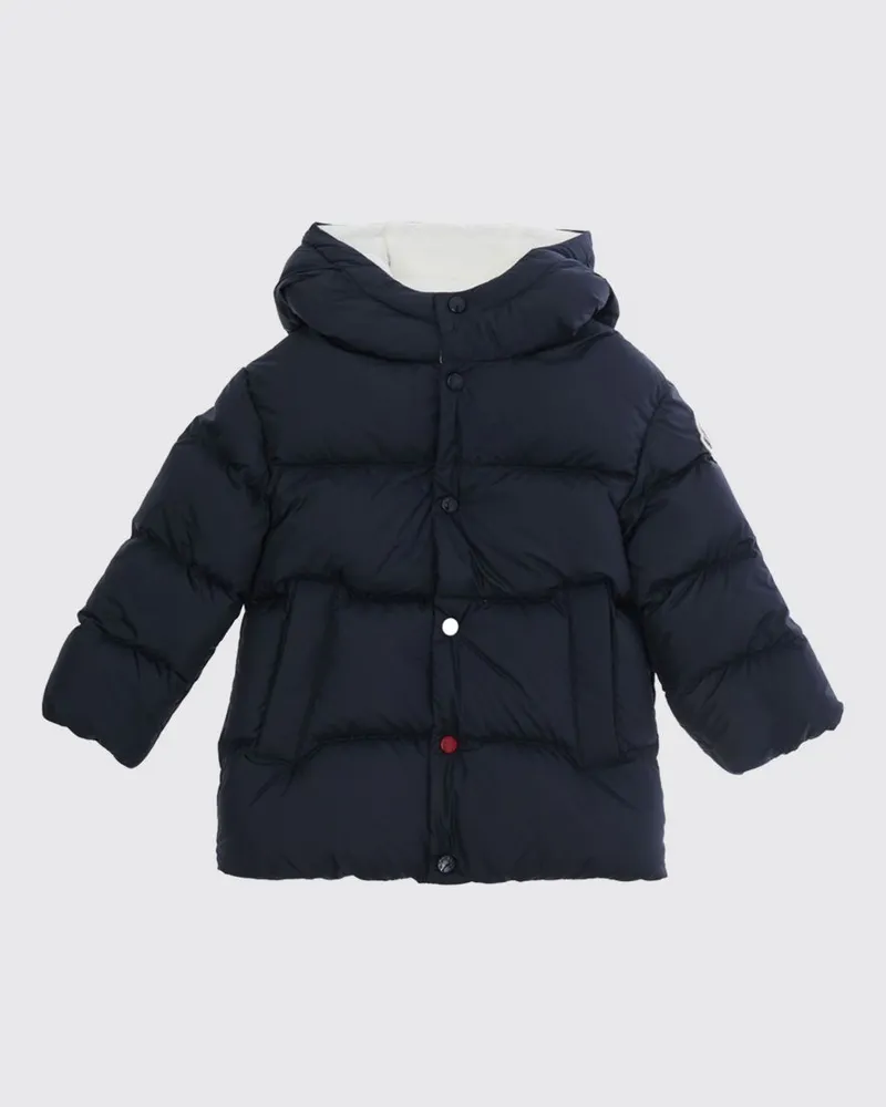 Moncler Knielange, gesteppte Daunenjacke für Jungen aus Nylon mit Kapuze Navy