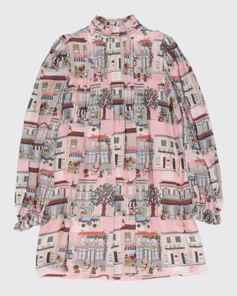 Fendi Minikleid für Mädchen aus Crêpe de Chine mit Grafikdruck und Stehkragen Pink