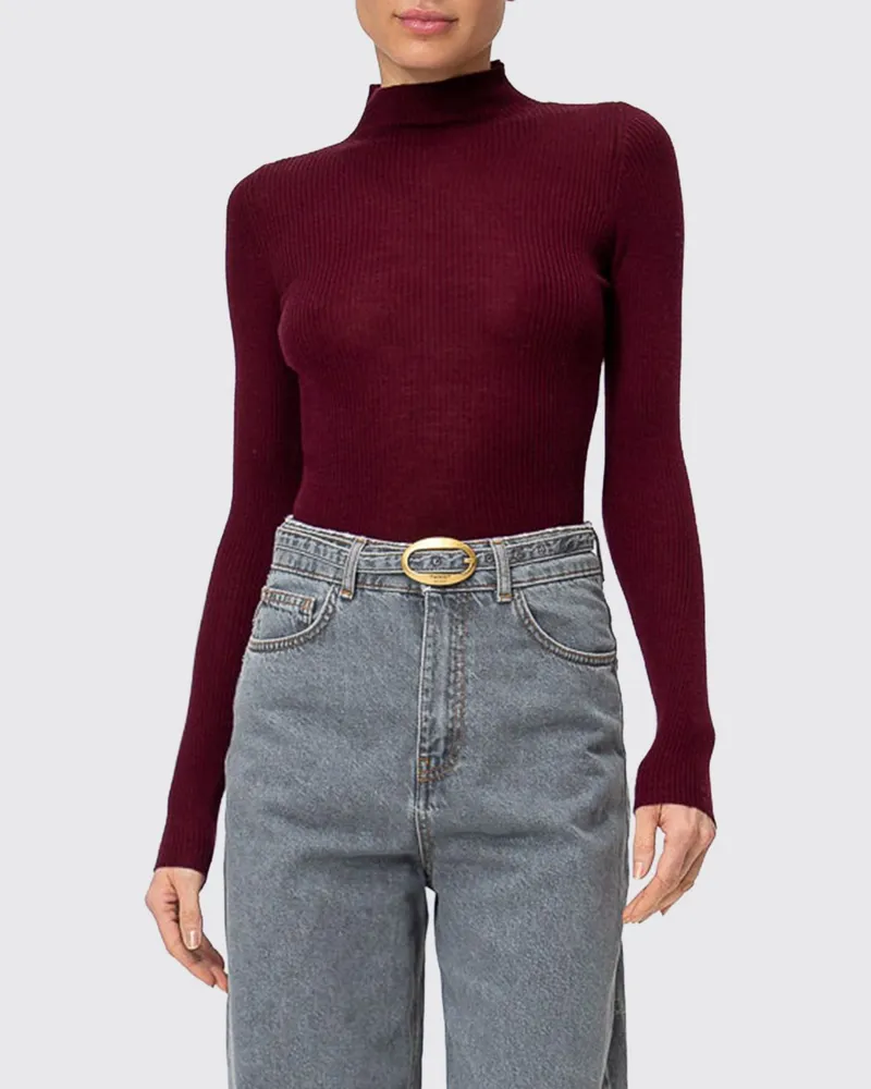 Twin-Set Slim-Fit-Rollkragenpullover aus leichter Rippstrickwolle Burgunderrot