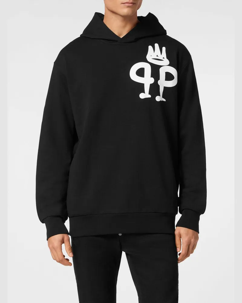 Philipp Plein Kapuzenpullover aus Baumwolle mit Kontrastlogo, Kängurutasche und überschnittenen Schultern Schwarz