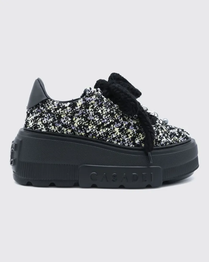 Casadei Plateau-Sneakers aus Tweed mit abstraktem Muster und Keilsohle Schwarz