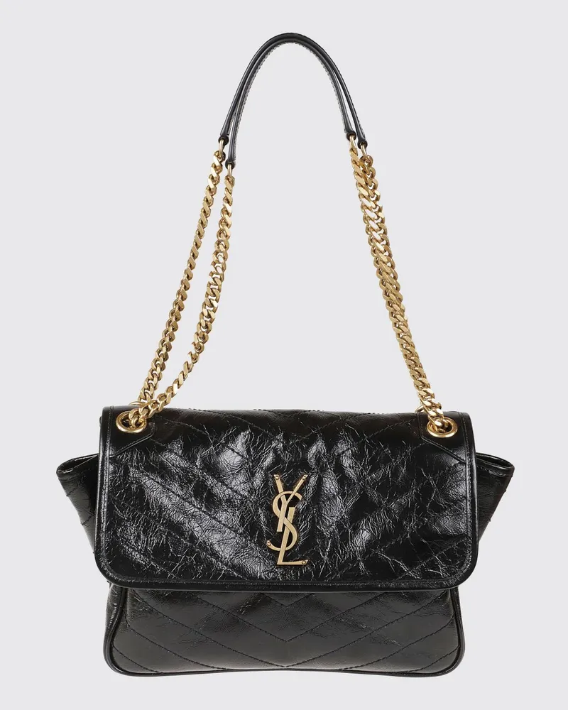 Saint Laurent Gesteppte Schultertasche aus geknittertem Leder mit YSL-Monogramm Schwarz