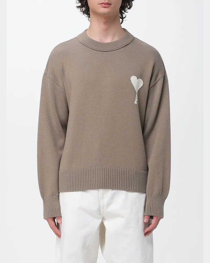 AMI Paris Rundhalspullover aus Wolle und Baumwolle von Beige