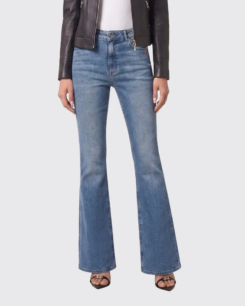 Philipp Plein Hoch taillierte Flared-Jeans aus Stretch-Denim mit Metall-Logo Türkis