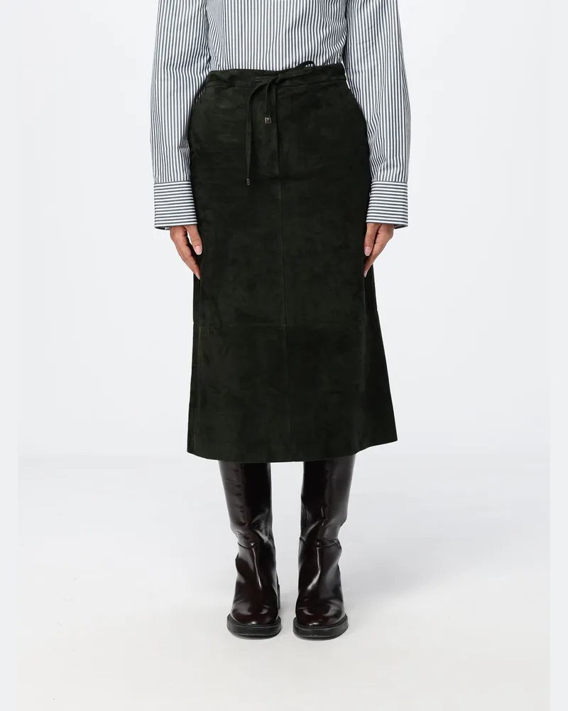 Max Mara A-Linien-Midirock aus Veloursleder mit Kordelzug in der Taille Grün