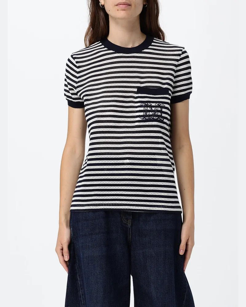 Max Mara Slim Fit T-Shirt aus gestreifter Baumwolle mit Monogramm-Print Weiß
