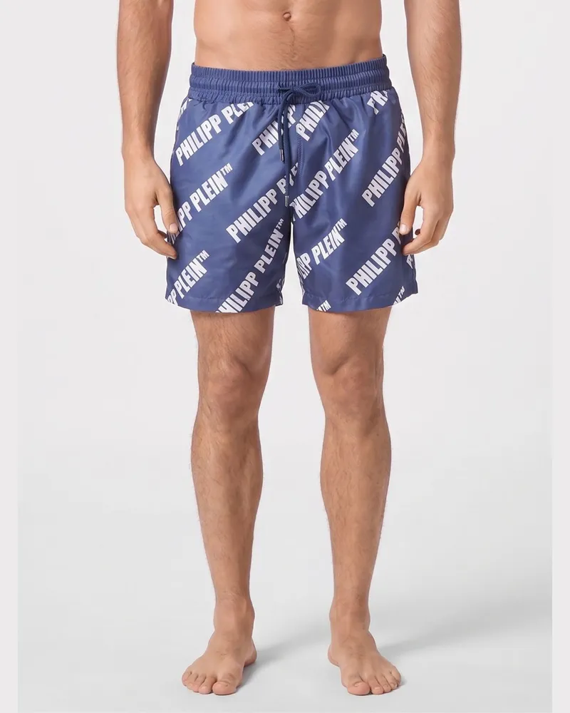 Philipp Plein Badeshorts aus Nylon von mit Kontrastlogo und Kordelzug Blau