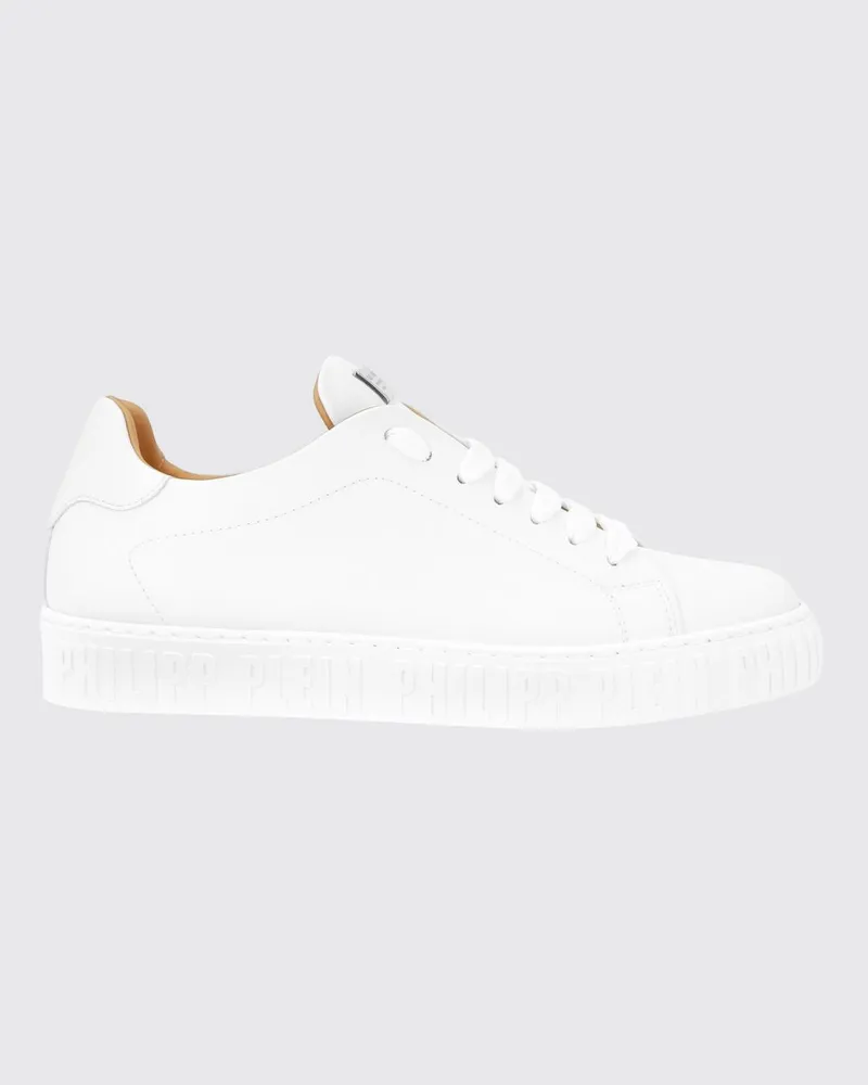 Philipp Plein Niedrige Schnür-Sneakers aus Glattleder mit aufgesetztem Logo Weiß