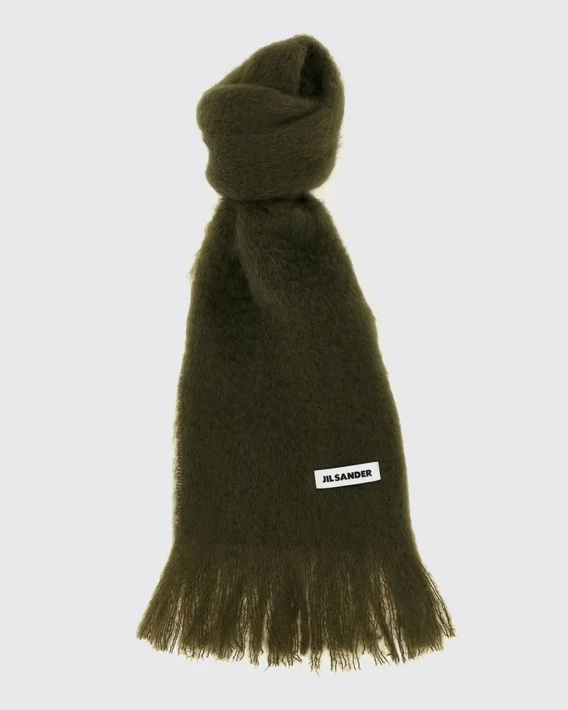 Jil Sander Schal aus Mohair-Wollmischung mit Logo-Patch und Fransen Grün