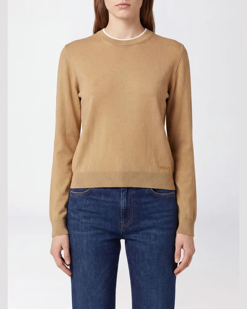 Versace Wollpullover mit Rundhalsausschnitt und Rippbündchen Beige
