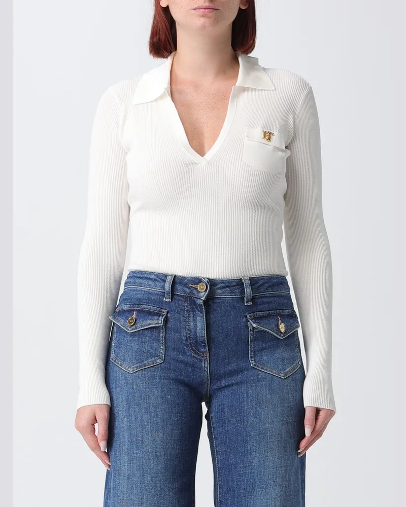 Elisabetta Franchi Slim-Fit Body mit langen Ärmeln, V-Ausschnitt und Rüschen Ivory