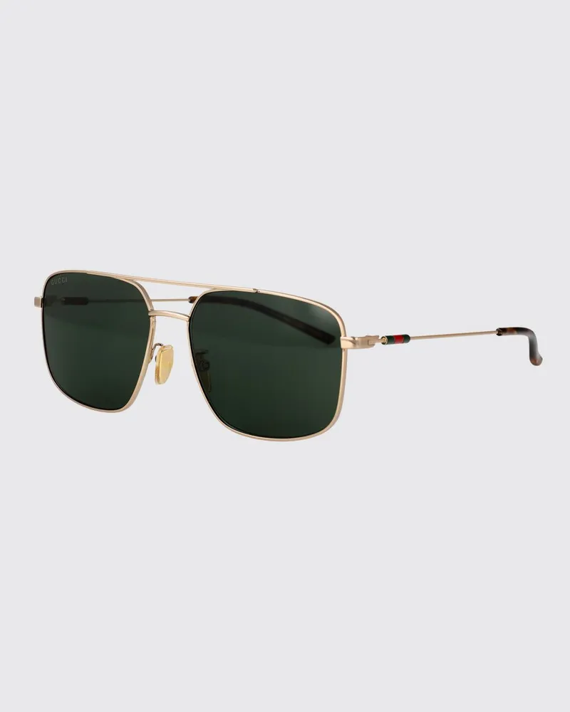 Gucci Rechteckige Aviator Sonnenbrille aus Metall mit Web-Logo und bernsteinfarbenen Gläsern Grün