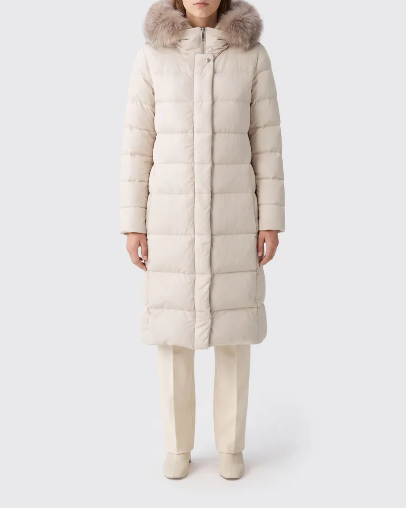 MOORER Lange wasserdichte Daunenjacke aus gestepptem Nylon mit Shearling-Kapuze Weiß