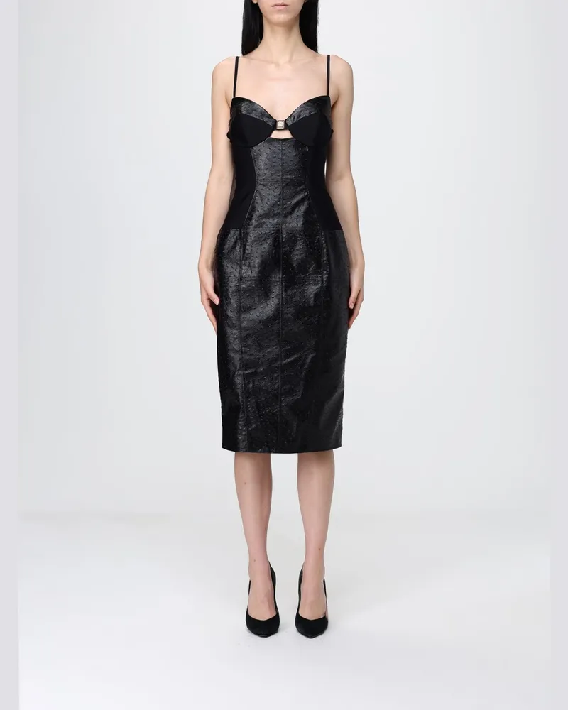 Elisabetta Franchi Midi-Kleid aus Kunstleder Schwarz
