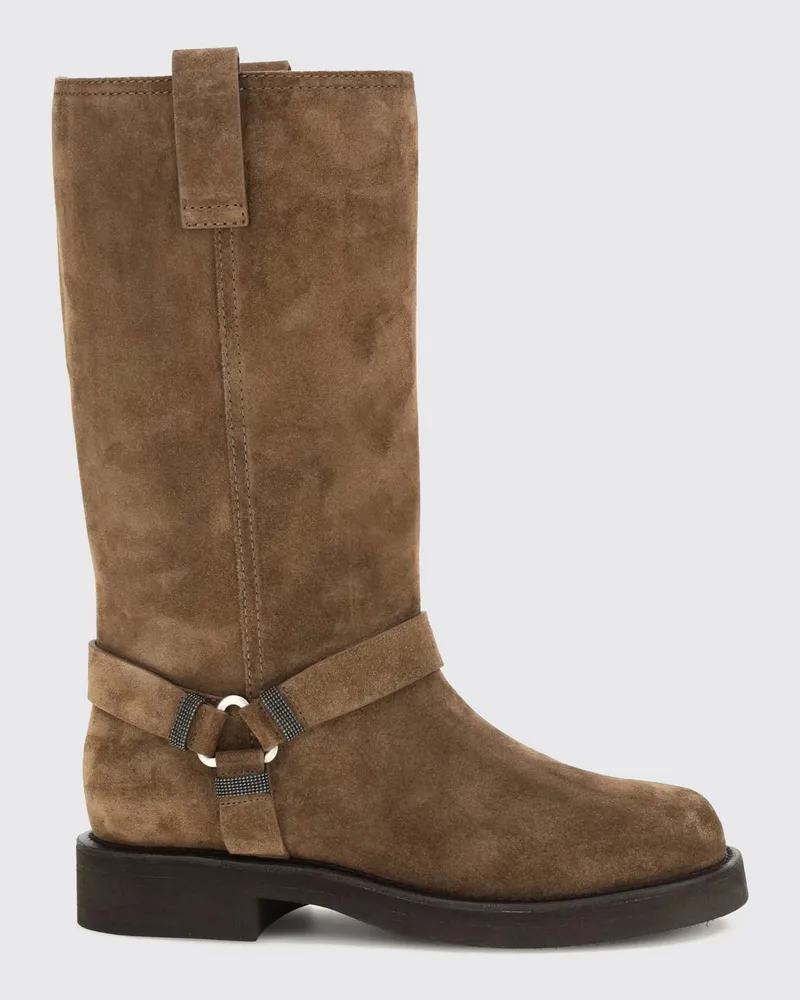 Brunello Cucinelli Biker-Stiefel aus Veloursleder mit Monili-Verzierung Braun