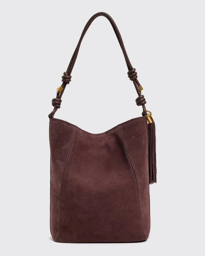 Twin-Set Schultertasche aus Veloursleder mit Quasten und geprägtem Logo Kaffee