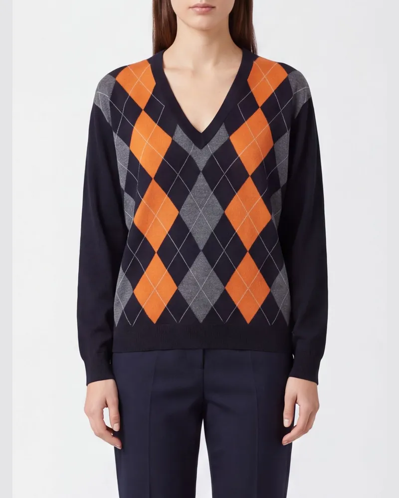 Semicouture Pullover aus Schurwolle mit Argyle-Muster und V-Ausschnitt Braun