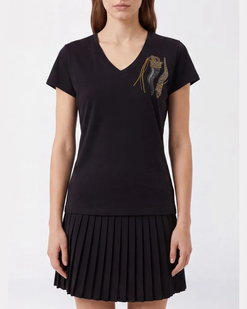 Liu Jo Slim Fit V-Ausschnitt T-Shirt aus Baumwolle mit Strass-Stickerei Schwarz