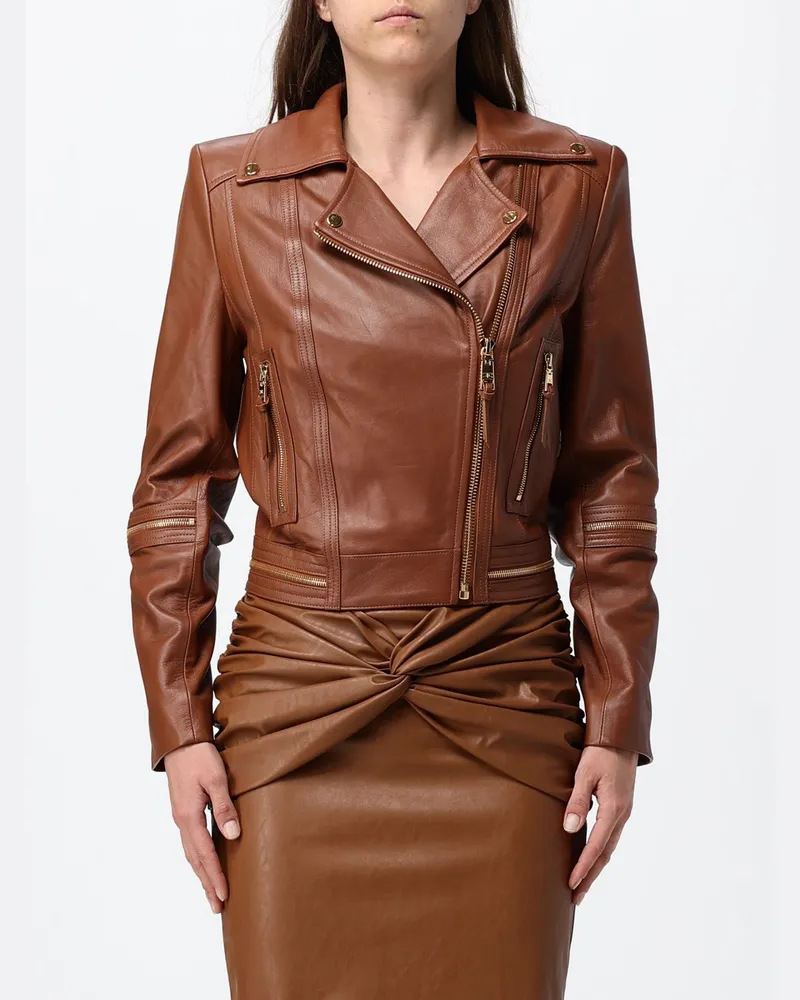 Elisabetta Franchi Slim-Fit Bikerjacke von aus Leder mit asymmetrischem Reißverschluss Braun