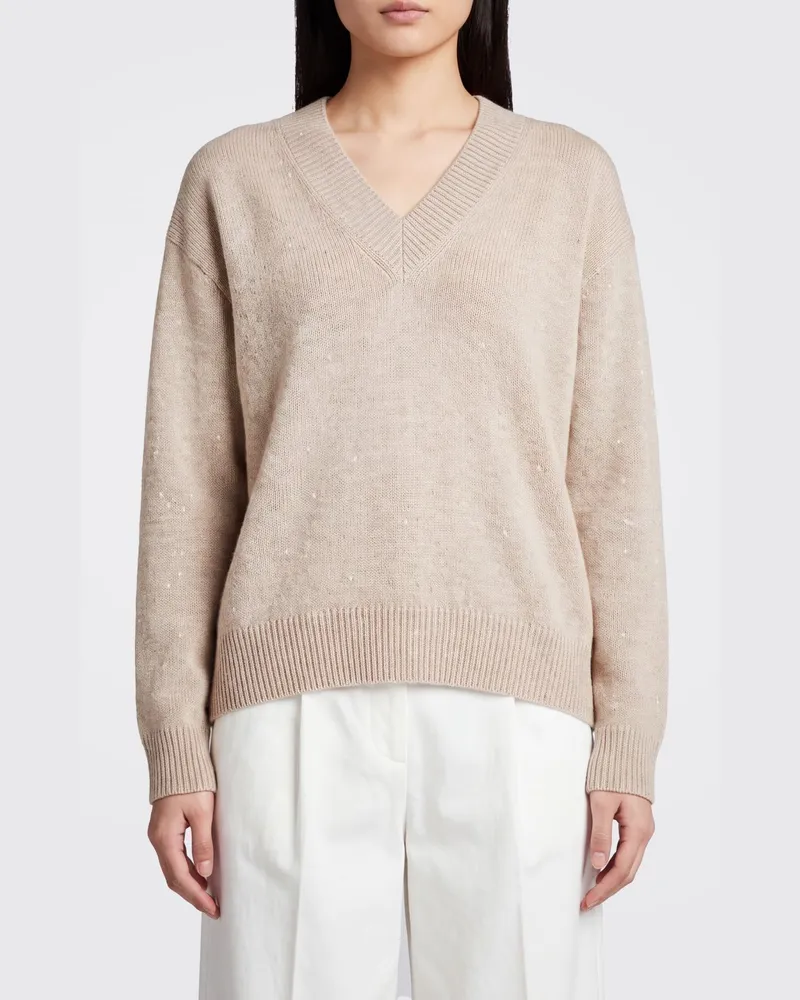 Brunello Cucinelli V-Ausschnitt-Pullover aus Kaschmir und Seide mit Pailletten Beige