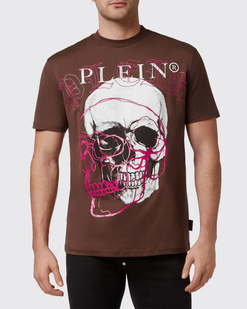 Philipp Plein Baumwoll-Rundhals-T-Shirt mit Totenkopf-Print und Kontrast-Logo Braun
