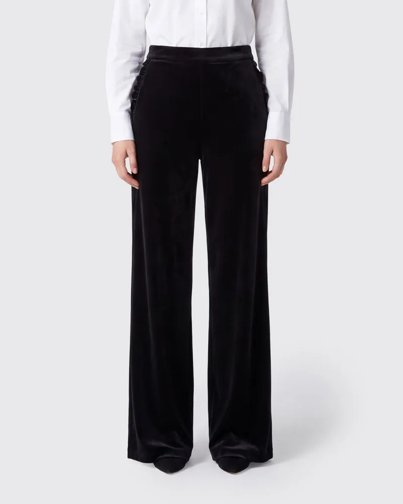 Emporio Armani Palazzo-Hose aus Samt mit weitem Bein und Rüschen Schwarz