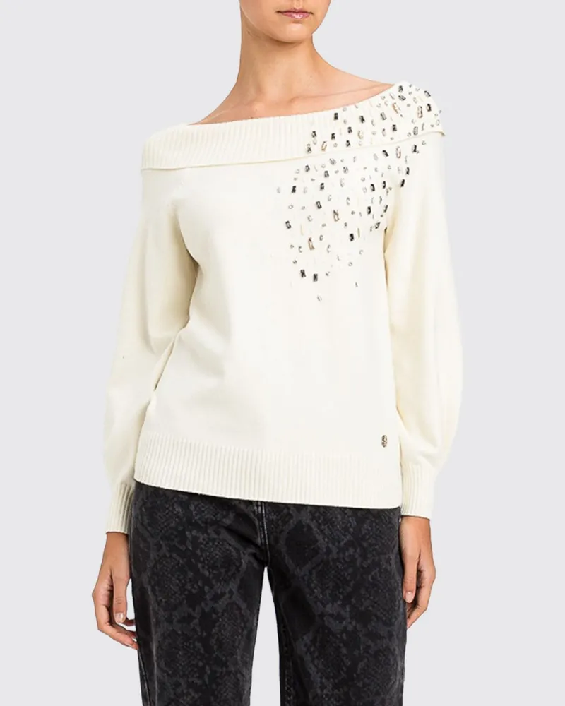 Twin-Set Pullover von aus Viskosemischung mit Rundhalsausschnitt und Strass Ivory