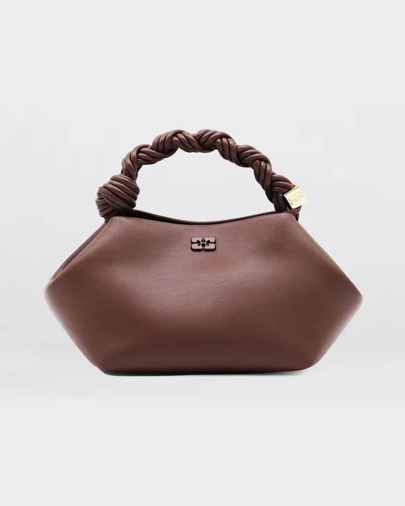 Ganni Kleine Handtasche aus recyceltem Leder mit Butterfly-Logo und geflochtenem Griff Braun