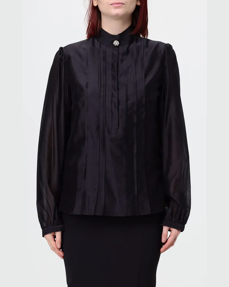 Hanita Satinhemd mit Stehkragen und besticktem Plastron Schwarz