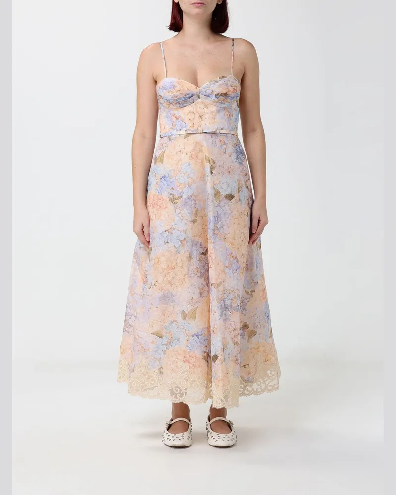 Zimmermann Valiant Midikleid aus Leinen und Seide mit Blumenprint und schulterfreiem Design Blau