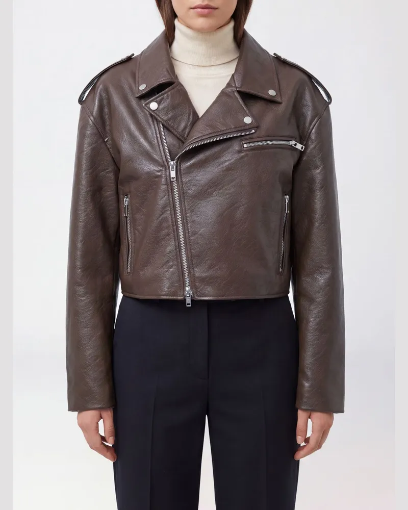 FRANKIE Shop Daphne Bikerjacke aus Kunstleder mit asymmetrischem Reißverschluss Braun
