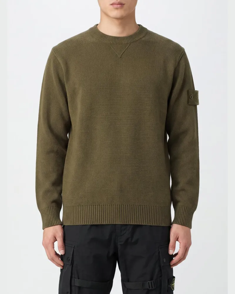 Stone Island Rundhalspullover aus Baumwollmischung mit Compass-Logo-Patch Grün