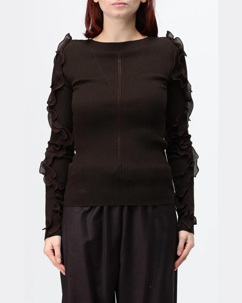 Liu Jo Slim Fit Rundhalspullover aus Wollmischung mit Rüschen Braun