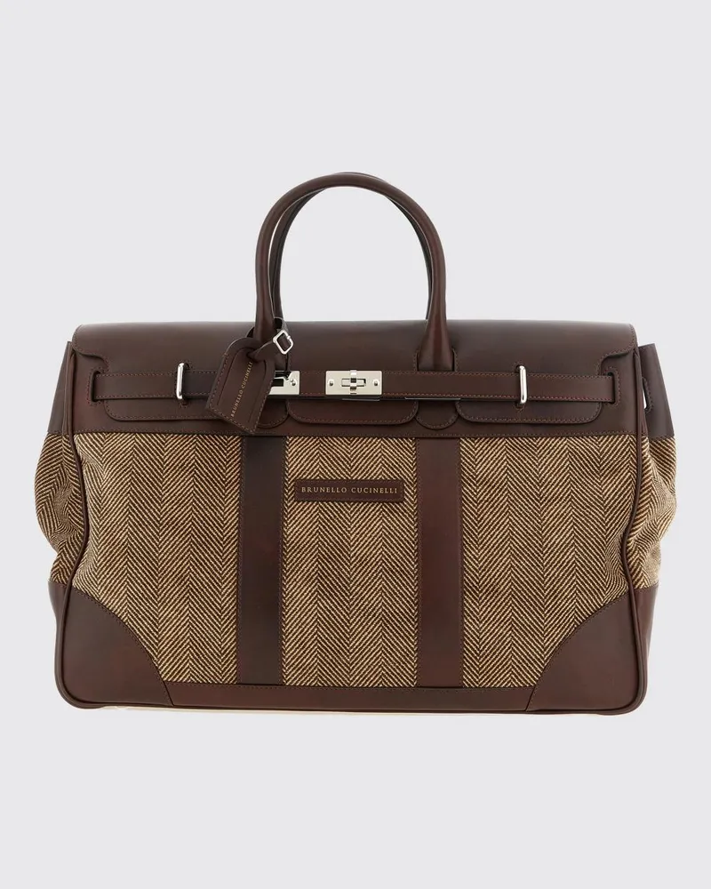 Brunello Cucinelli Reisetasche aus Canvas mit Chevron-Muster und Lederdetails Braun