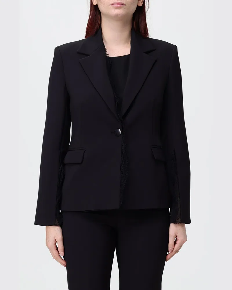 Hanita Einreihiger Polyester-Blazer mit Spitzeneinsätzen und V-Revers Schwarz