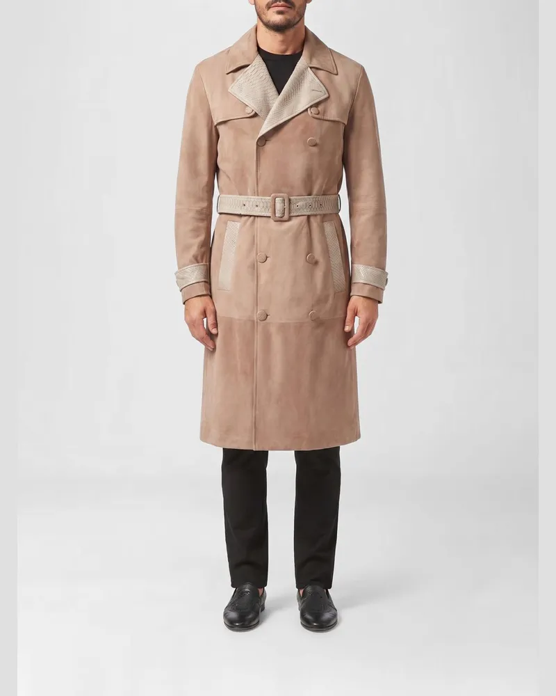 Billionaire Zweireihiger Wildleder-Trenchcoat mit Schlangenlederdetails Beige