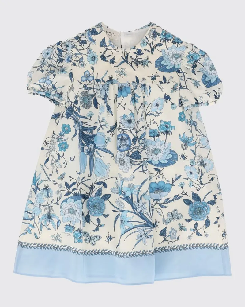 Gucci Kurzes Seidenkleid mit Blumendruck und kurzen Ärmeln für Mädchen von Weiß