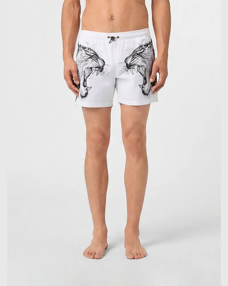 Philipp Plein Polyester-Badeshorts mit Grafikprint und Kordelzugbund Weiß