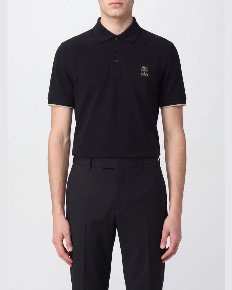 Brunello Cucinelli Kurzärmeliges Baumwoll-Poloshirt von mit gesticktem Logo Schwarz